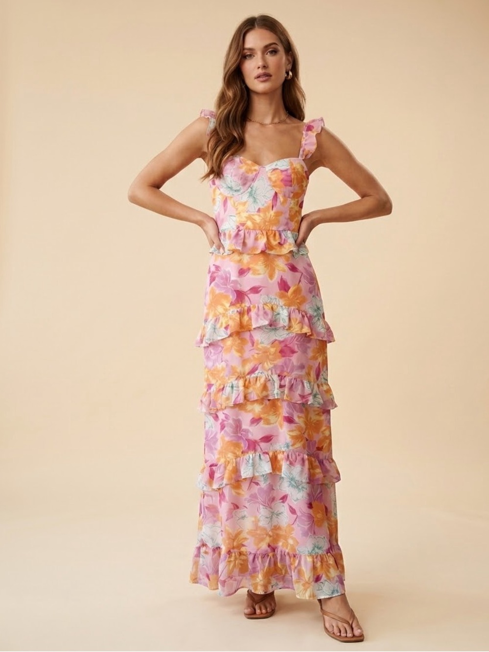 WAYF Pink Floral Ruffled Maxi Dress